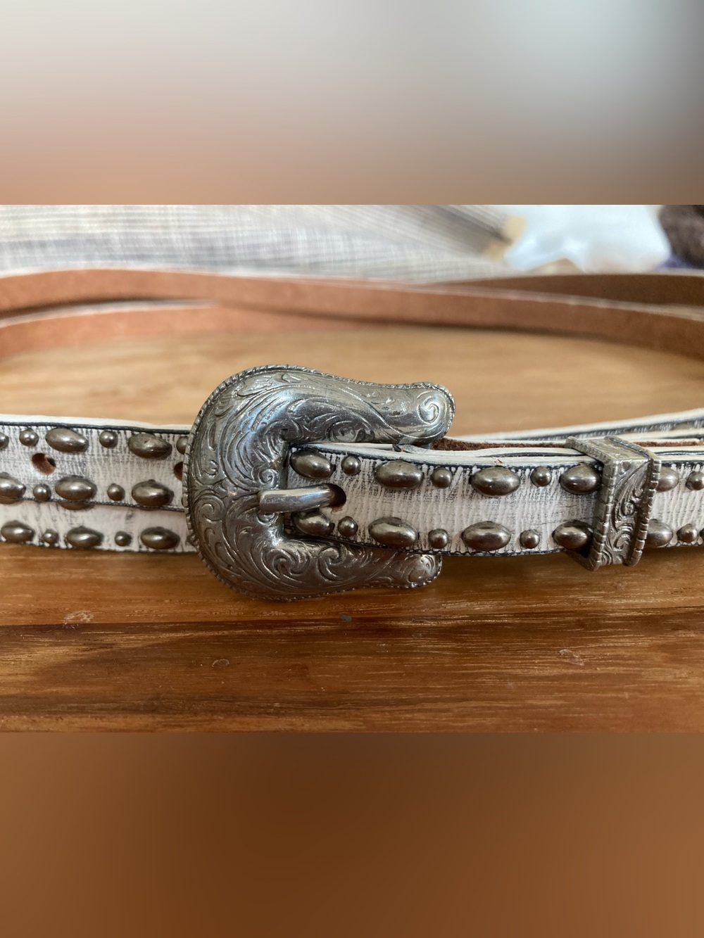 Vintage White leather Studded Western Belt with Ornate Silver Buckle